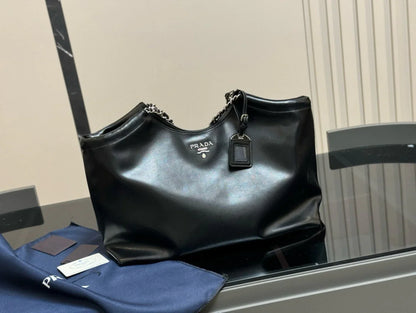 Prada Double Chain Black Shoppping Tote Bag 39x30cm