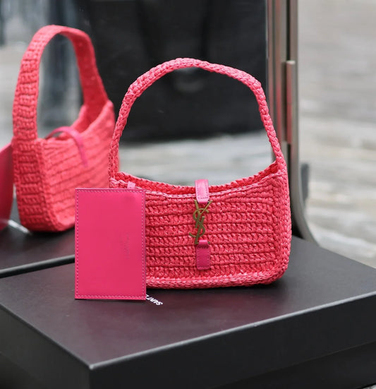 YSL Le 5 À 7 Mini In Raffia Pink - 19 X 11.5 X 4.5 CM