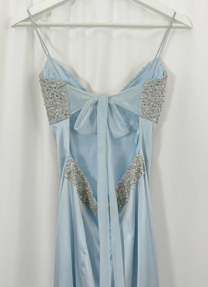 Baby Blue A Line Spaghetti Strap Sequin Satin Long Prom Dress Gown Dress SH3590