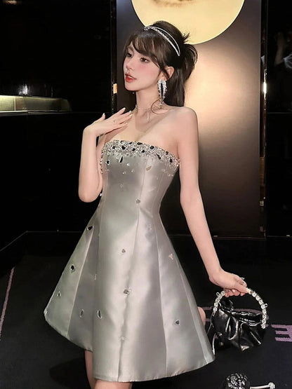 Cute A Line Strapless Gray Satin Mini Short Formal 8th Grade Homecoming Dresses Summer Middle School Hoco Dress Homecoming Outfits Birthday Outfit DH1001