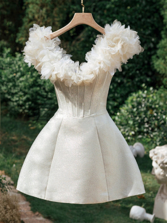 Cute A Line V Neck White Satin Mini Short Formal 8th Grade Homecoming Dresses Summer Middle School Hoco Dress Homecoming Outfits Birthday Outfit DH1005