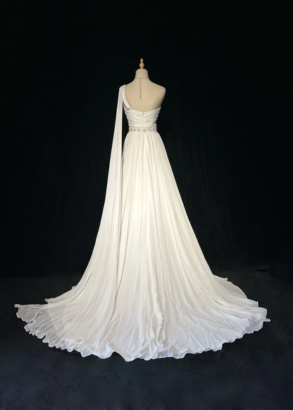 Vintage Bridal Gown 1960s A line One Shoulder Sleeveless Chiffon Pleated Beads Long White Wedding Dresses Elegant Bridal Gowns DH1013