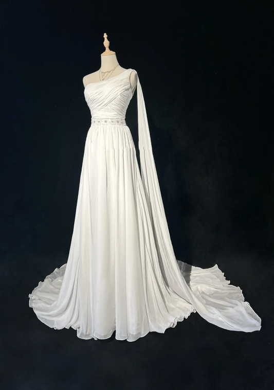 Vintage Bridal Gown 1960s A line One Shoulder Sleeveless Chiffon Pleated Beads Long White Wedding Dresses Elegant Bridal Gowns DH1013