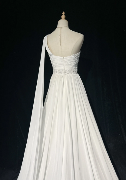 Vintage Bridal Gown 1960s A line One Shoulder Sleeveless Chiffon Pleated Beads Long White Wedding Dresses Elegant Bridal Gowns DH1013
