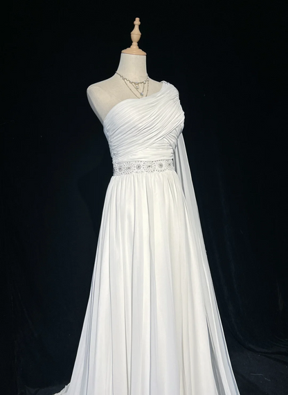 Vintage Bridal Gown 1960s A line One Shoulder Sleeveless Chiffon Pleated Beads Long White Wedding Dresses Elegant Bridal Gowns DH1013