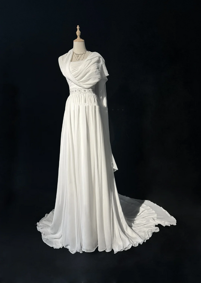 Vintage Bridal Gown 1960s A line One Shoulder Sleeveless Chiffon Pleated Beads Long White Wedding Dresses Elegant Bridal Gowns DH1013