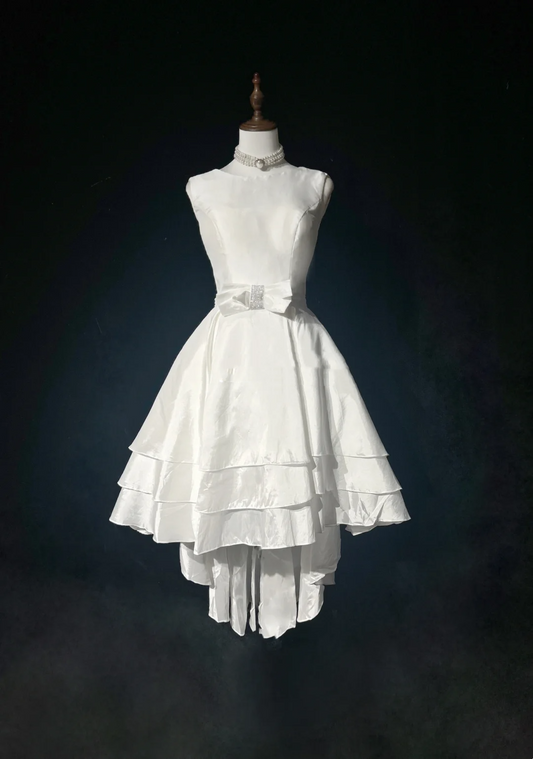 Vintage Bridal Gown 1960s High Low Scoop Sleeveless Pleated Bow-knot Beads White Short Wedding Dresses Elegant Bridal Gowns DH1014