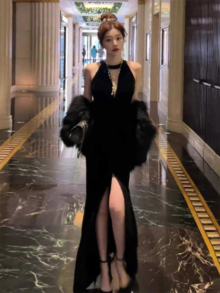 Elegant Mermaid Scoop Neck Black Velvet Long Prom Dresses Party Dress Summer 22th Birthday Outfits 18th Birthday Dresses DH1042