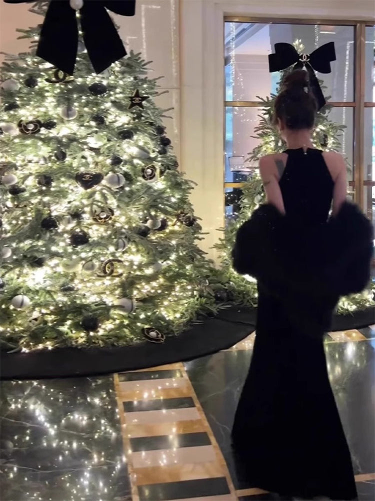 Elegant Mermaid Scoop Neck Black Velvet Long Prom Dresses Party Dress Summer 22th Birthday Outfits 18th Birthday Dresses DH1042