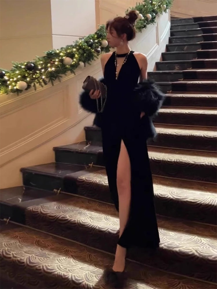 Elegant Mermaid Scoop Neck Black Velvet Long Prom Dresses Party Dress Summer 22th Birthday Outfits 18th Birthday Dresses DH1042