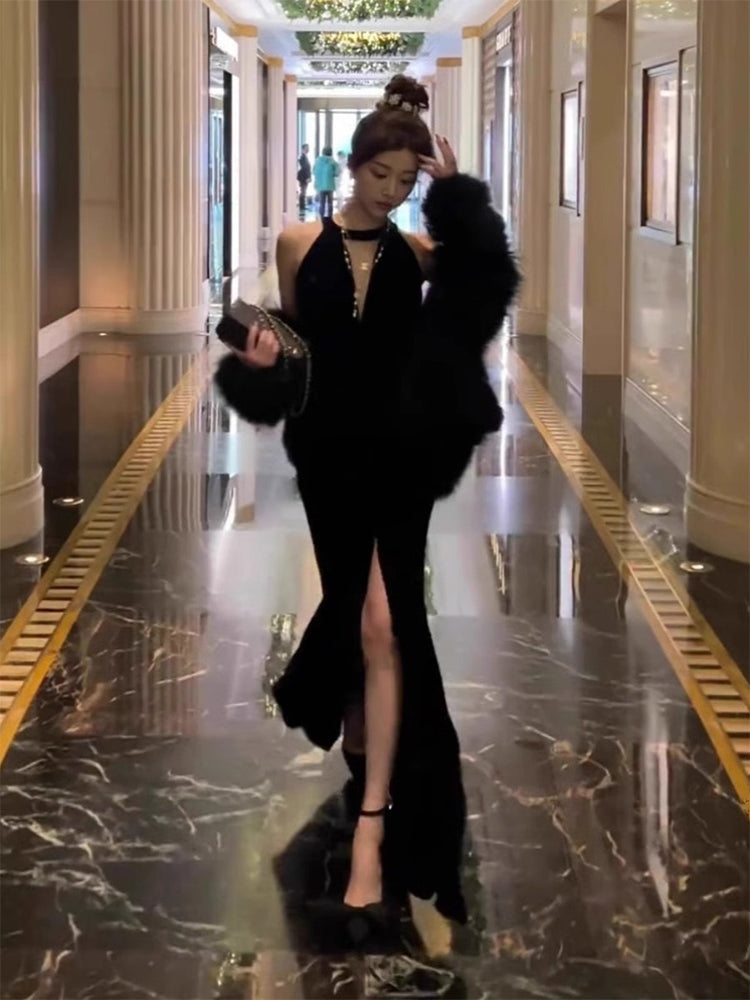 Elegant Mermaid Scoop Neck Black Velvet Long Prom Dresses Party Dress Summer 22th Birthday Outfits 18th Birthday Dresses DH1042