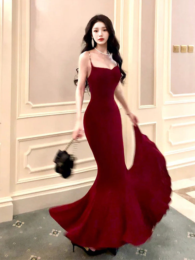 Elegant Mermaid Spaghetti Straps Burgundy Long Prom Dresses Party Dress Summer 22th Birthday Outfits 18th Birthday Dresses DH1045