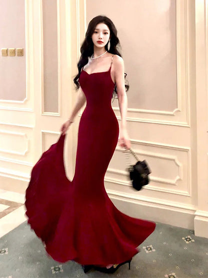Elegant Mermaid Spaghetti Straps Burgundy Long Prom Dresses Party Dress Summer 22th Birthday Outfits 18th Birthday Dresses DH1045