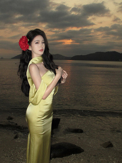 Elegant Mermaid Off The Shoulder Yellow Satin Prom Dresses Party Dress Summer 22th Birthday Outfits 18th Birthday Dresses DH1048