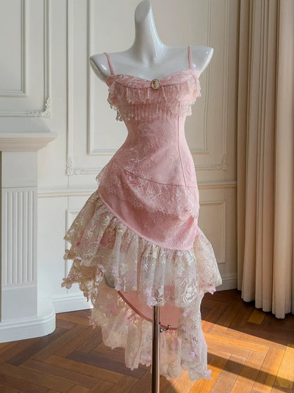 Cute High Low Spaghetti Straps Pink Lace Formal 8th Grade Homecoming Dresses Summer Middle School Hoco Dress Homecoming Outfits DH104