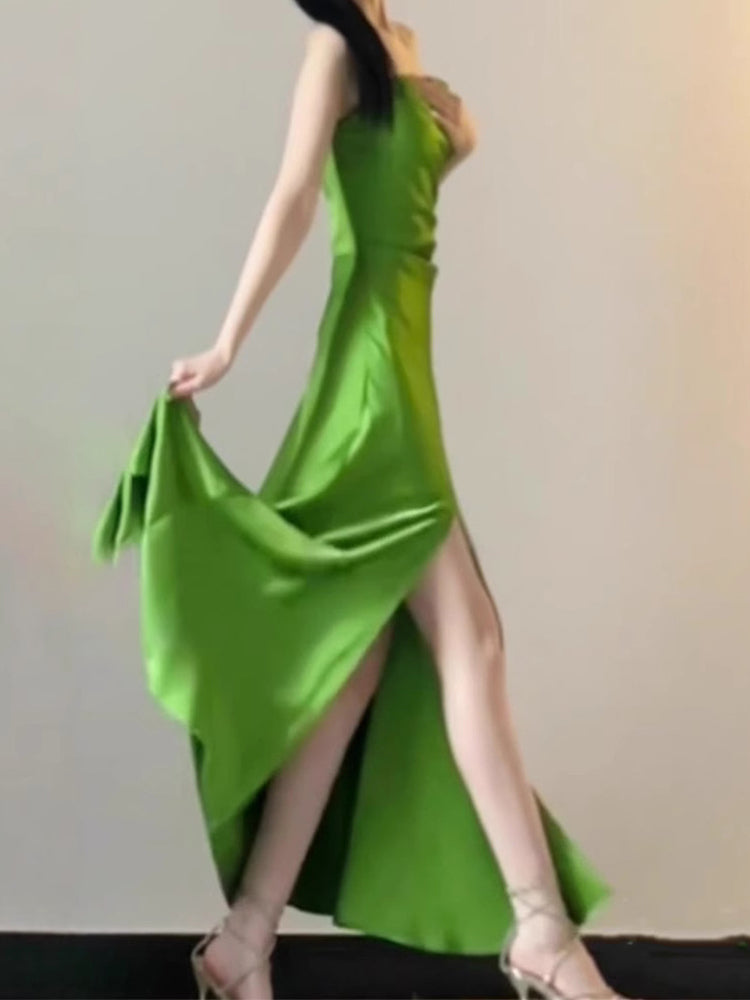 Elegant Mermaid Spaghetti Straps Green Slit Long Prom Dresses Party Dress Summer 22th Birthday Outfits 18th Birthday Dresses DH1050