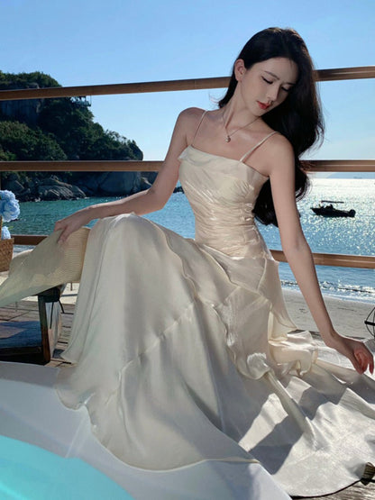 Elegant Mermaid Spaghetti Straps White Satin Long Prom Dresses Party Dress Summer 22th Birthday Outfits 18th Birthday Dresses DH1051