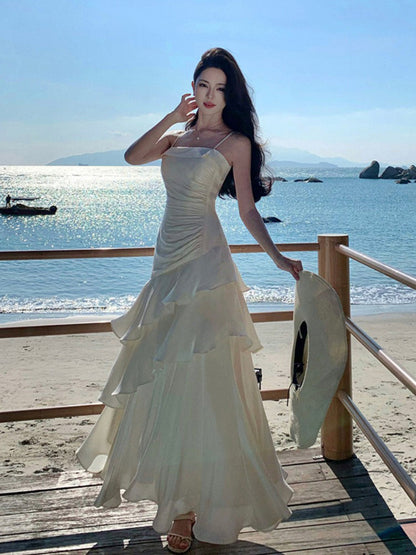 Elegant Mermaid Spaghetti Straps White Satin Long Prom Dresses Party Dress Summer 22th Birthday Outfits 18th Birthday Dresses DH1051