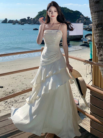 Elegant Mermaid Spaghetti Straps White Satin Long Prom Dresses Party Dress Summer 22th Birthday Outfits 18th Birthday Dresses DH1051