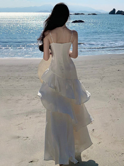 Elegant Mermaid Spaghetti Straps White Satin Long Prom Dresses Party Dress Summer 22th Birthday Outfits 18th Birthday Dresses DH1051