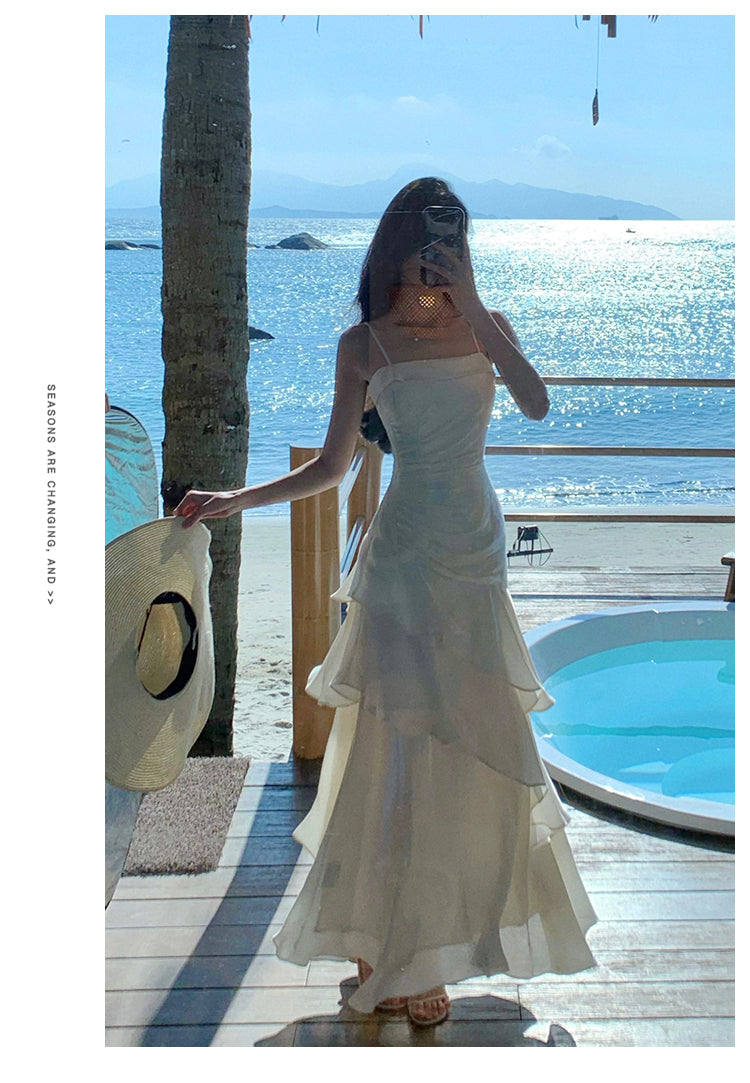 Elegant Mermaid Spaghetti Straps White Satin Long Prom Dresses Party Dress Summer 22th Birthday Outfits 18th Birthday Dresses DH1051