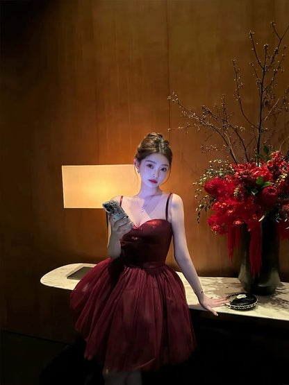 Sexy A line Spaghetti Straps Burgundy Tulle Mini Short Formal 8th Grade Homecoming Dresses Summer Middle School Hoco Dress Homecoming Outfits Birthday Outfit DH1052