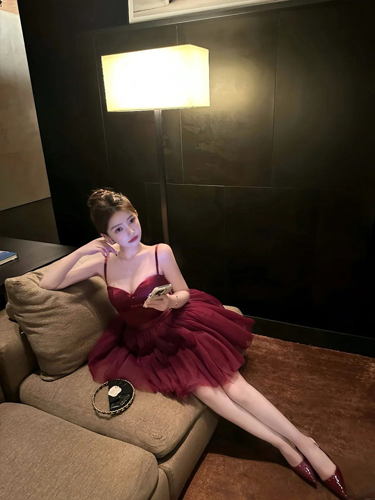 Sexy A line Spaghetti Straps Burgundy Tulle Mini Short Formal 8th Grade Homecoming Dresses Summer Middle School Hoco Dress Homecoming Outfits Birthday Outfit DH1052