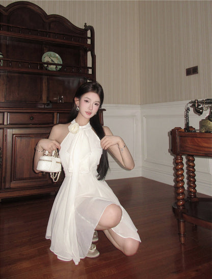 Sexy A line Halter Chiffon White Mini Short Formal 8th Grade Homecoming Dresses Summer Middle School Hoco Dress Homecoming Outfits Birthday Outfit DH1054