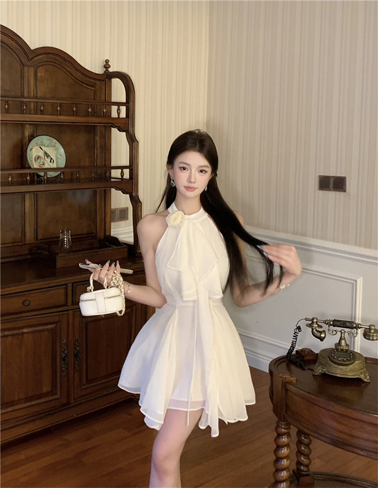 Sexy A line Halter Chiffon White Mini Short Formal 8th Grade Homecoming Dresses Summer Middle School Hoco Dress Homecoming Outfits Birthday Outfit DH1054