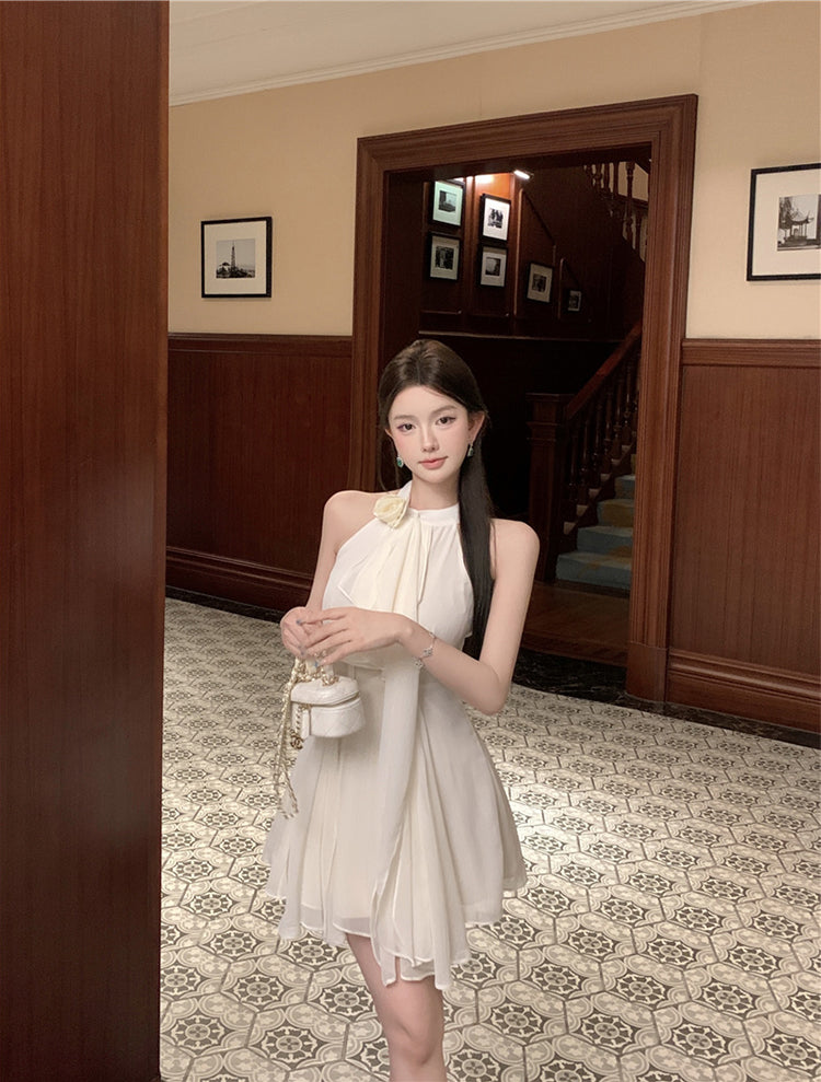 Sexy A line Halter Chiffon White Mini Short Formal 8th Grade Homecoming Dresses Summer Middle School Hoco Dress Homecoming Outfits Birthday Outfit DH1054