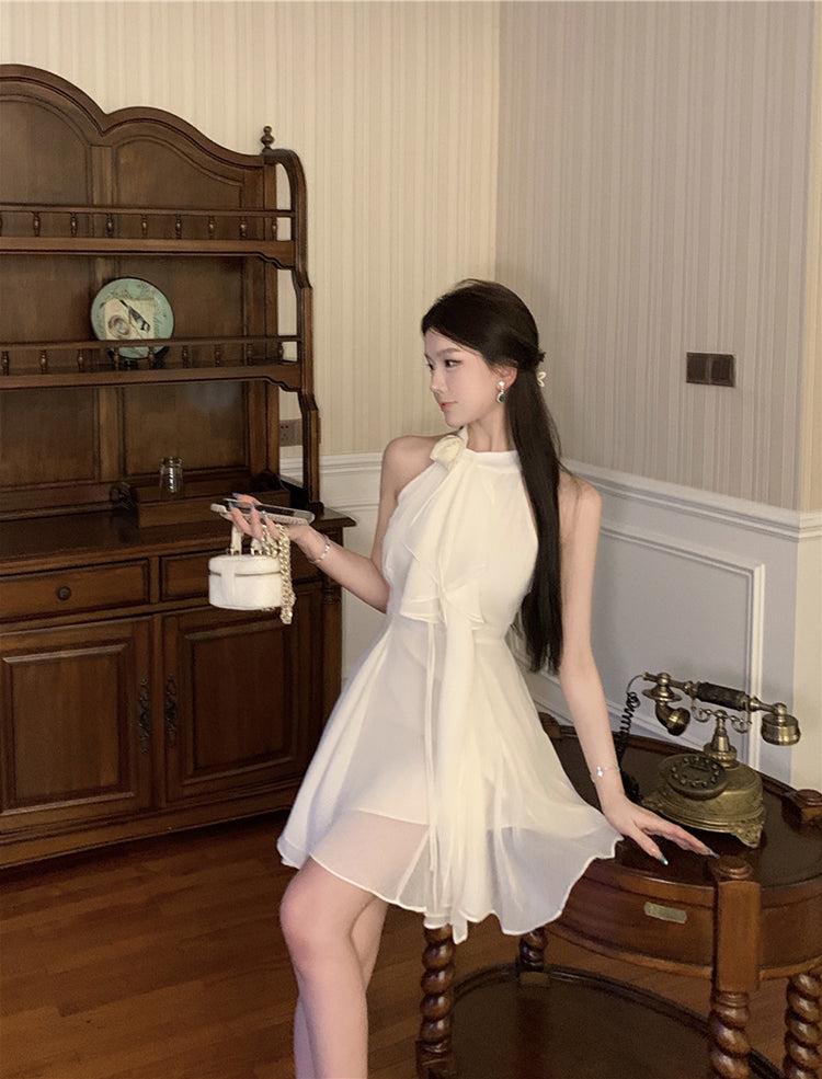 Sexy A line Halter Chiffon White Mini Short Formal 8th Grade Homecoming Dresses Summer Middle School Hoco Dress Homecoming Outfits Birthday Outfit DH1054