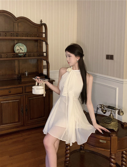 Sexy A line Halter Chiffon White Mini Short Formal 8th Grade Homecoming Dresses Summer Middle School Hoco Dress Homecoming Outfits Birthday Outfit DH1054