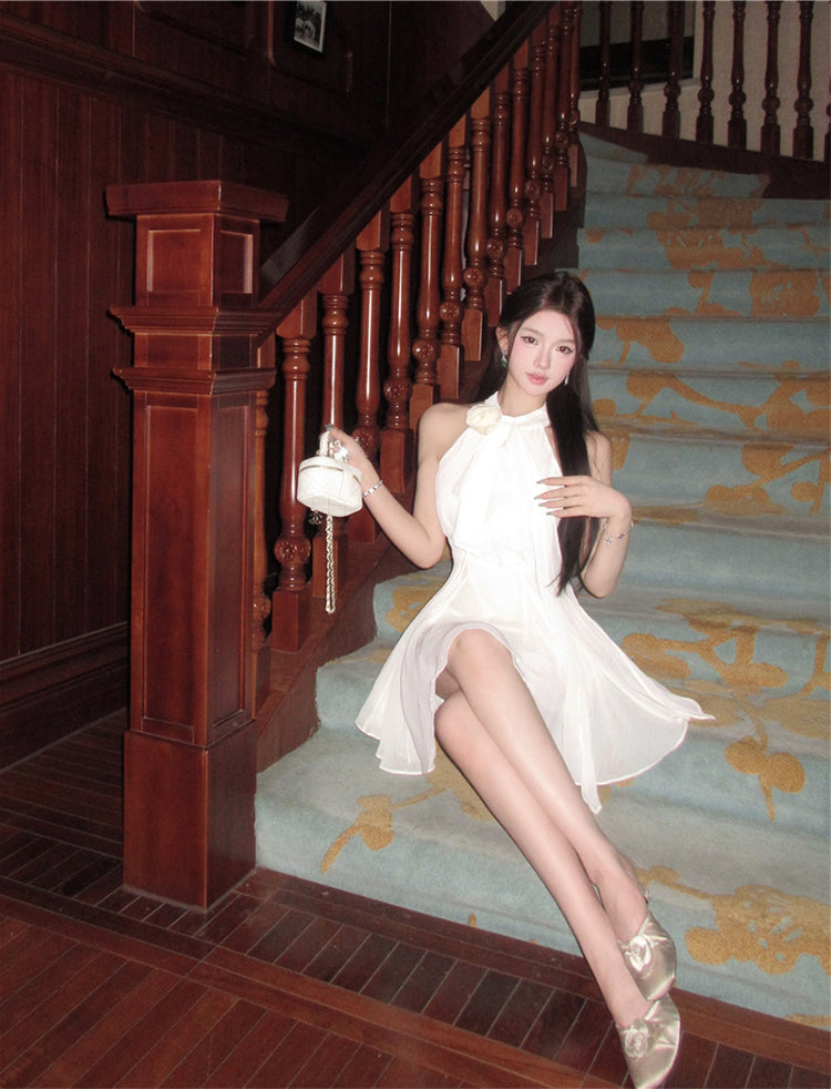 Sexy A line Halter Chiffon White Mini Short Formal 8th Grade Homecoming Dresses Summer Middle School Hoco Dress Homecoming Outfits Birthday Outfit DH1054