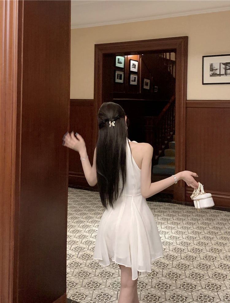 Sexy A line Halter Chiffon White Mini Short Formal 8th Grade Homecoming Dresses Summer Middle School Hoco Dress Homecoming Outfits Birthday Outfit DH1054