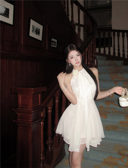 Sexy A line Halter Chiffon White Mini Short Formal 8th Grade Homecoming Dresses Summer Middle School Hoco Dress Homecoming Outfits Birthday Outfit DH1054