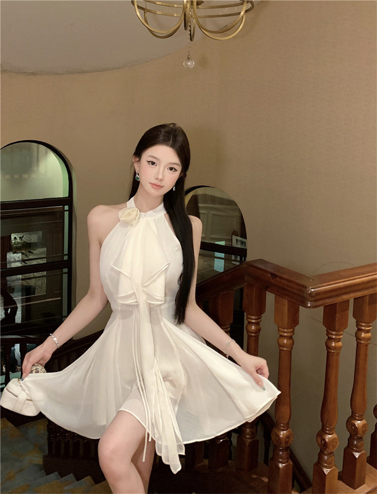 Sexy A line Halter Chiffon White Mini Short Formal 8th Grade Homecoming Dresses Summer Middle School Hoco Dress Homecoming Outfits Birthday Outfit DH1054