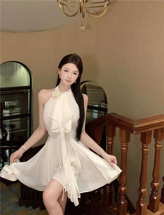 Sexy A line Halter Chiffon White Mini Short Formal 8th Grade Homecoming Dresses Summer Middle School Hoco Dress Homecoming Outfits Birthday Outfit DH1054