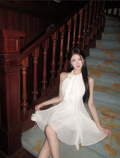 Sexy A line Halter Chiffon White Mini Short Formal 8th Grade Homecoming Dresses Summer Middle School Hoco Dress Homecoming Outfits Birthday Outfit DH1054