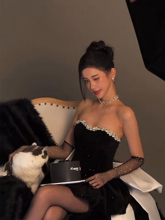 Pretty Ball Gown Sweetheart Black Velvet Mini Short Formal 8th Grade Homecoming Dresses Summer Middle School Hoco Dress Birthday Outfits DH1058