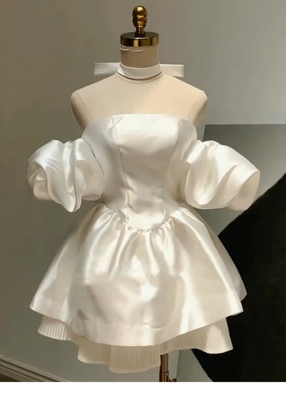 Pretty Ball Gown Off The Shoulder White Satin Mini Short Formal 8th Grade Homecoming Dresses Summer Middle School Hoco Dress Birthday Outfits DH1060