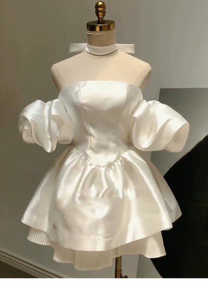 Pretty Ball Gown Off The Shoulder White Satin Mini Short Formal 8th Grade Homecoming Dresses Summer Middle School Hoco Dress Birthday Outfits DH1060