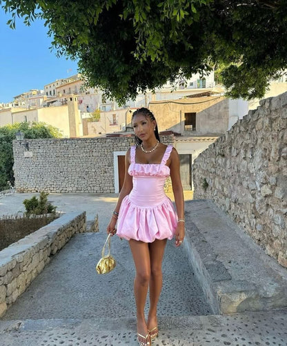 Cute Ball Gown Square Neck Satin Pink Mini Short Formal 8th Grade Homecoming Dresses Summer Middle School Hoco Dress Birthday Outfits DH1076