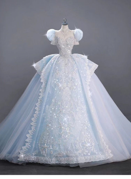 Romantic Bridal Gown Ball Gown High Neck Blue Lace Long Wedding Dresses Minimalist Bridal Gowns DH107