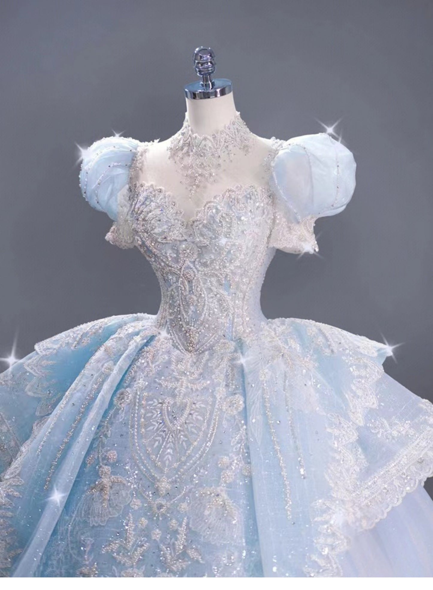 Romantic Bridal Gown Ball Gown High Neck Blue Lace Long Wedding Dresses Minimalist Bridal Gowns DH107