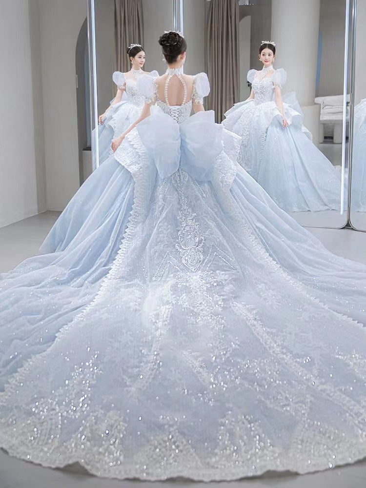 Romantic Bridal Gown Ball Gown High Neck Blue Lace Long Wedding Dresses Minimalist Bridal Gowns DH107
