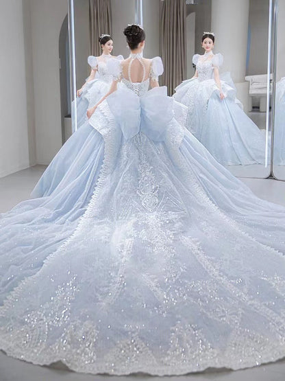 Romantic Bridal Gown Ball Gown High Neck Blue Lace Long Wedding Dresses Minimalist Bridal Gowns DH107