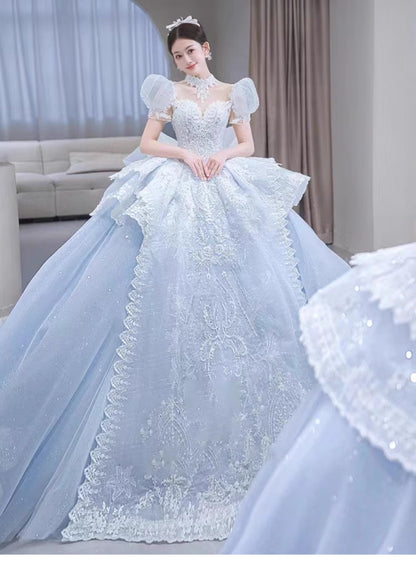 Romantic Bridal Gown Ball Gown High Neck Blue Lace Long Wedding Dresses Minimalist Bridal Gowns DH107