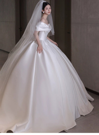 Pretty Wedding Dress Ball Gown Off The Shoulder White Long Satin Wedding Dresses Bridal Gowns Brides Gown DH109
