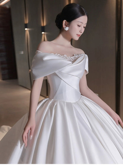 Pretty Wedding Dress Ball Gown Off The Shoulder White Long Satin Wedding Dresses Bridal Gowns Brides Gown DH109