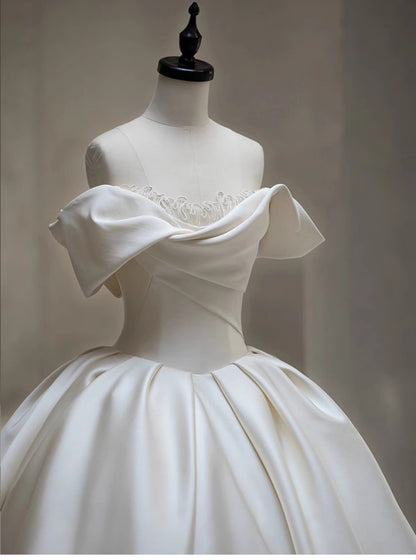 Pretty Wedding Dress Ball Gown Off The Shoulder White Long Satin Wedding Dresses Bridal Gowns Brides Gown DH109